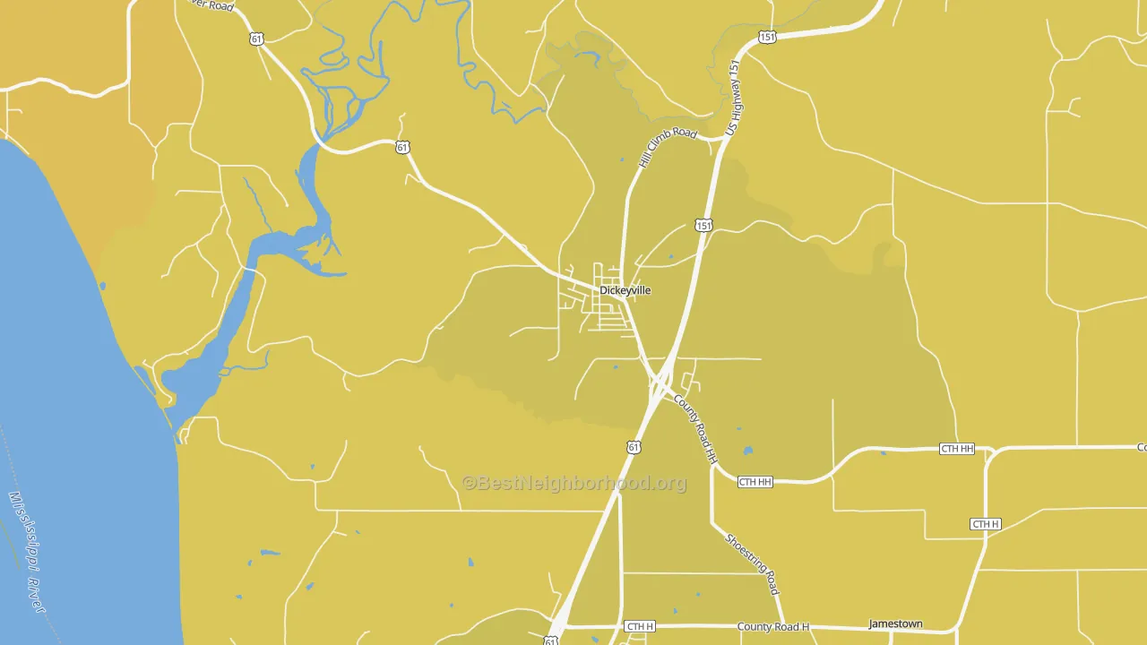 Map of the best neighborhoods in the Dickeyville area, with better matches in green and worse matches in red