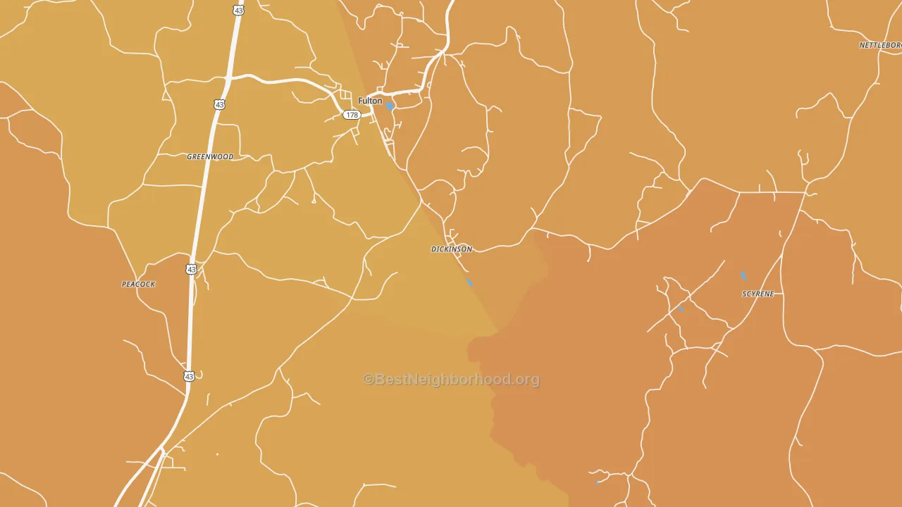 Map of the best neighborhoods in the Dickinson area, with better matches in green and worse matches in red