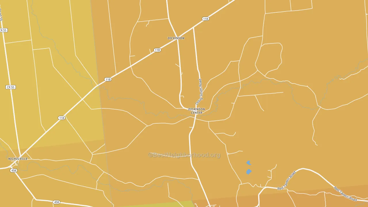 Map of the best neighborhoods in the Dickinson Center area, with better matches in green and worse matches in red