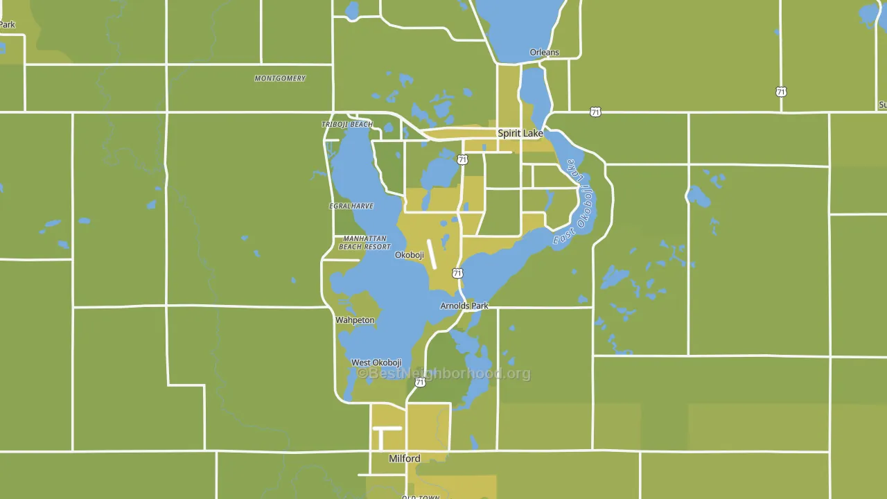 Map of the best neighborhoods in the Dickinson County area, with better matches in green and worse matches in red