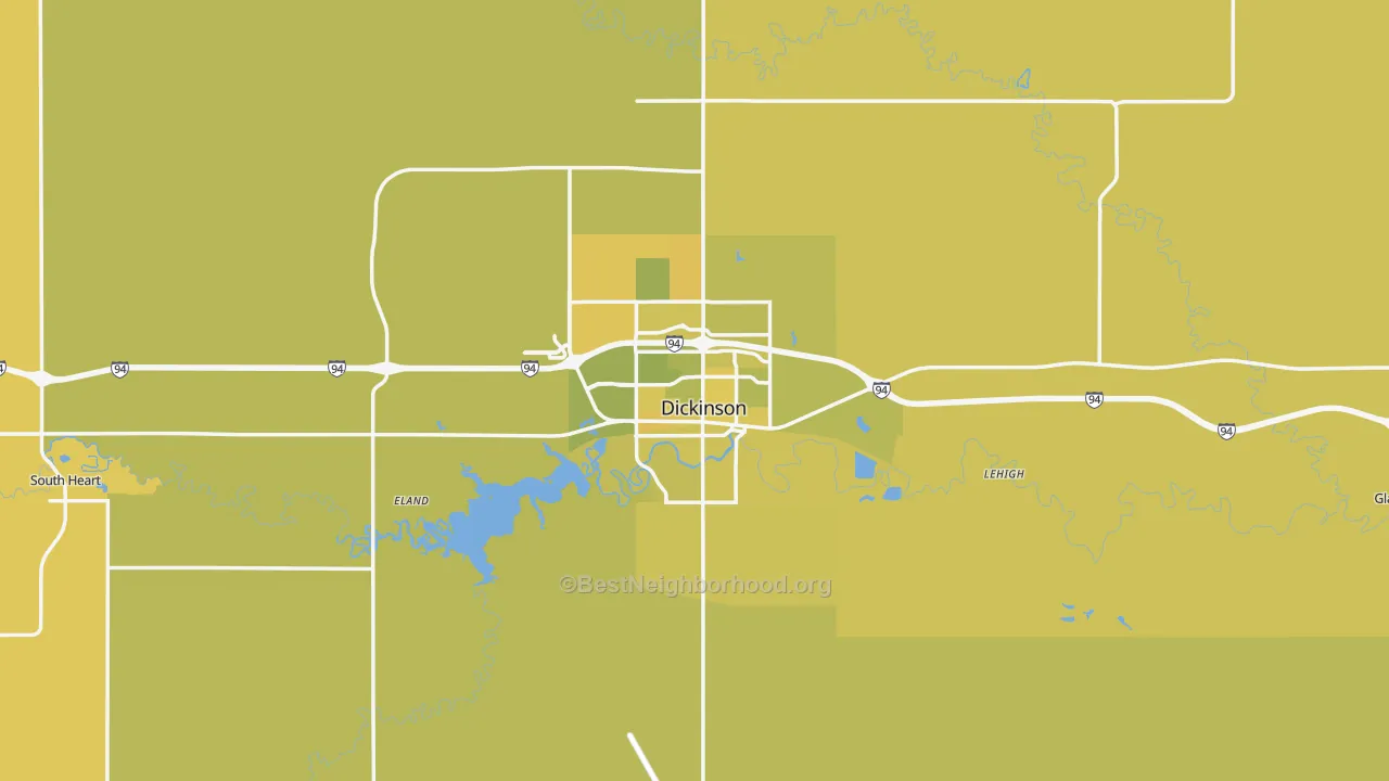 Map of the best neighborhoods in the Dickinson area, with better matches in green and worse matches in red