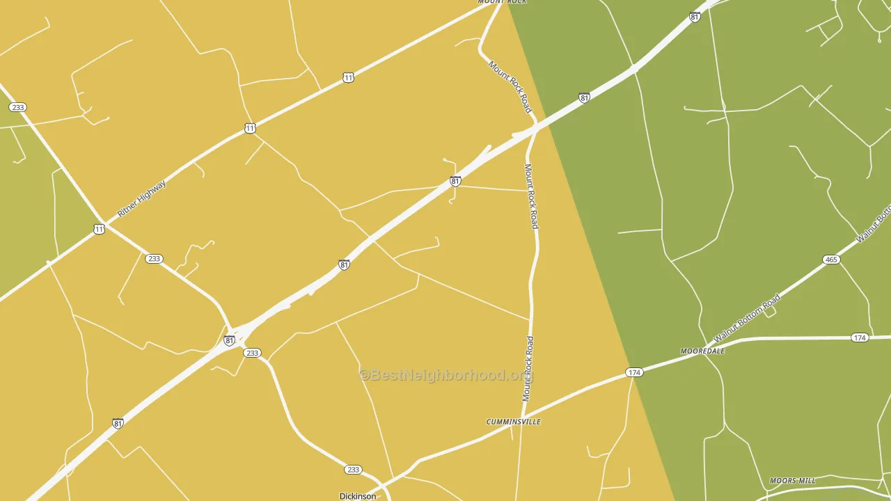 Map of the best neighborhoods in the Dickinson area, with better matches in green and worse matches in red