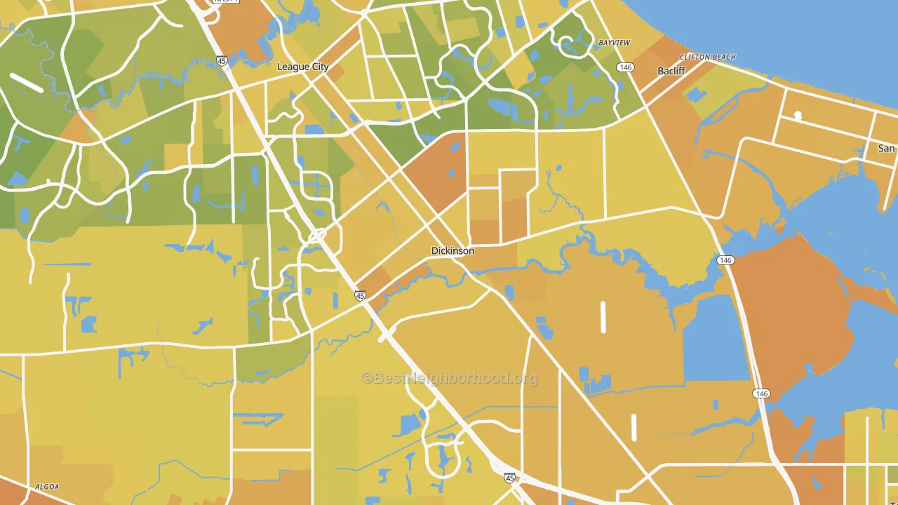 Map of the best neighborhoods in the Dickinson area, with better matches in green and worse matches in red