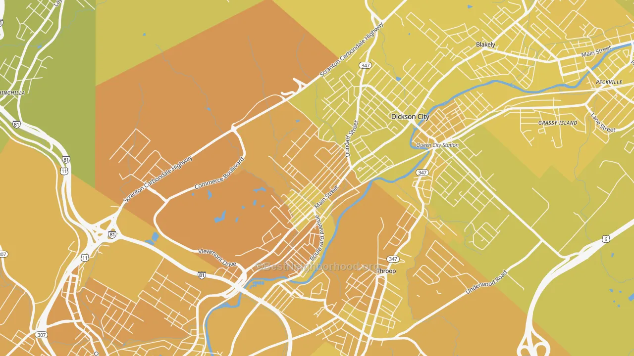 Map of the best neighborhoods in the Dickson City area, with better matches in green and worse matches in red