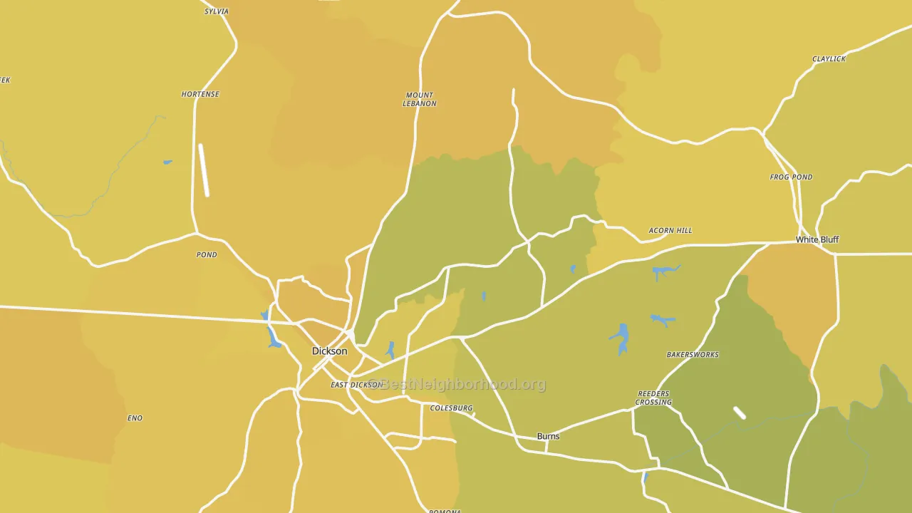 Map of the best neighborhoods in the Dickson County area, with better matches in green and worse matches in red