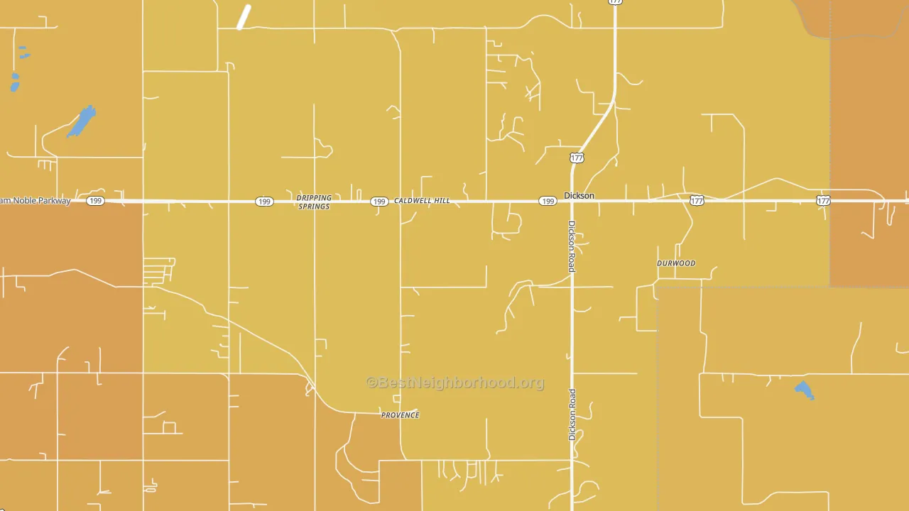 Map of the best neighborhoods in the Dickson area, with better matches in green and worse matches in red