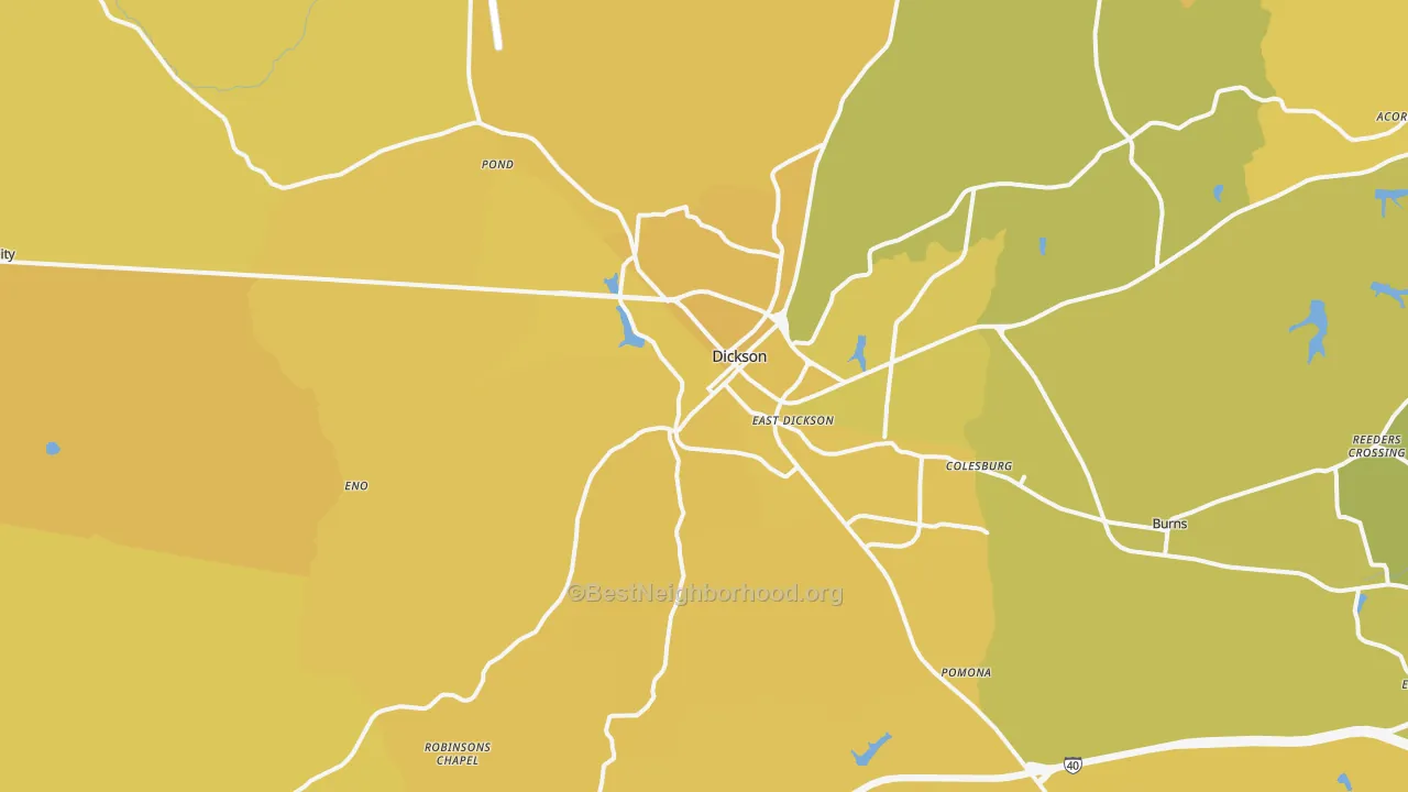 Map of the best neighborhoods in the Dickson area, with better matches in green and worse matches in red