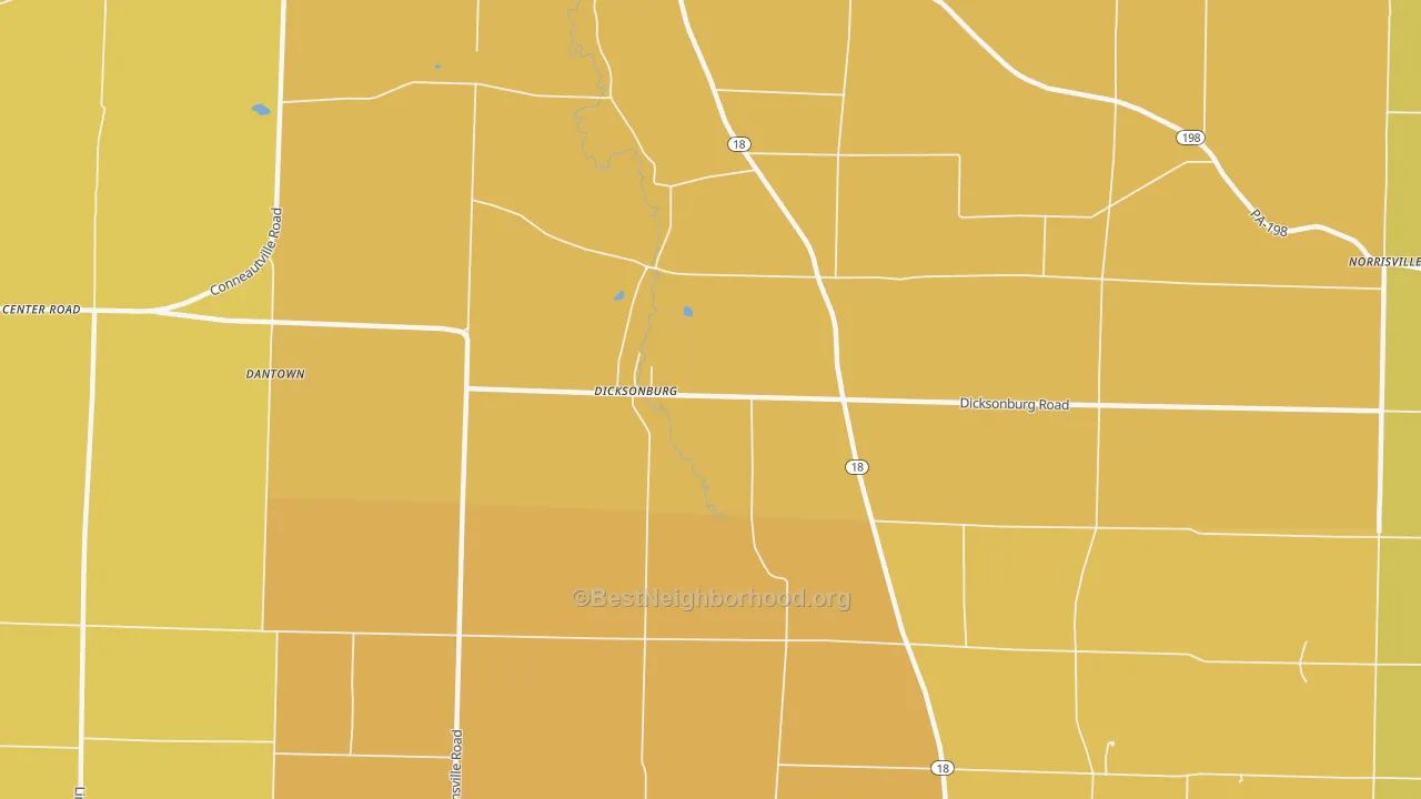 Map of the best neighborhoods in the Dicksonburg area, with better matches in green and worse matches in red