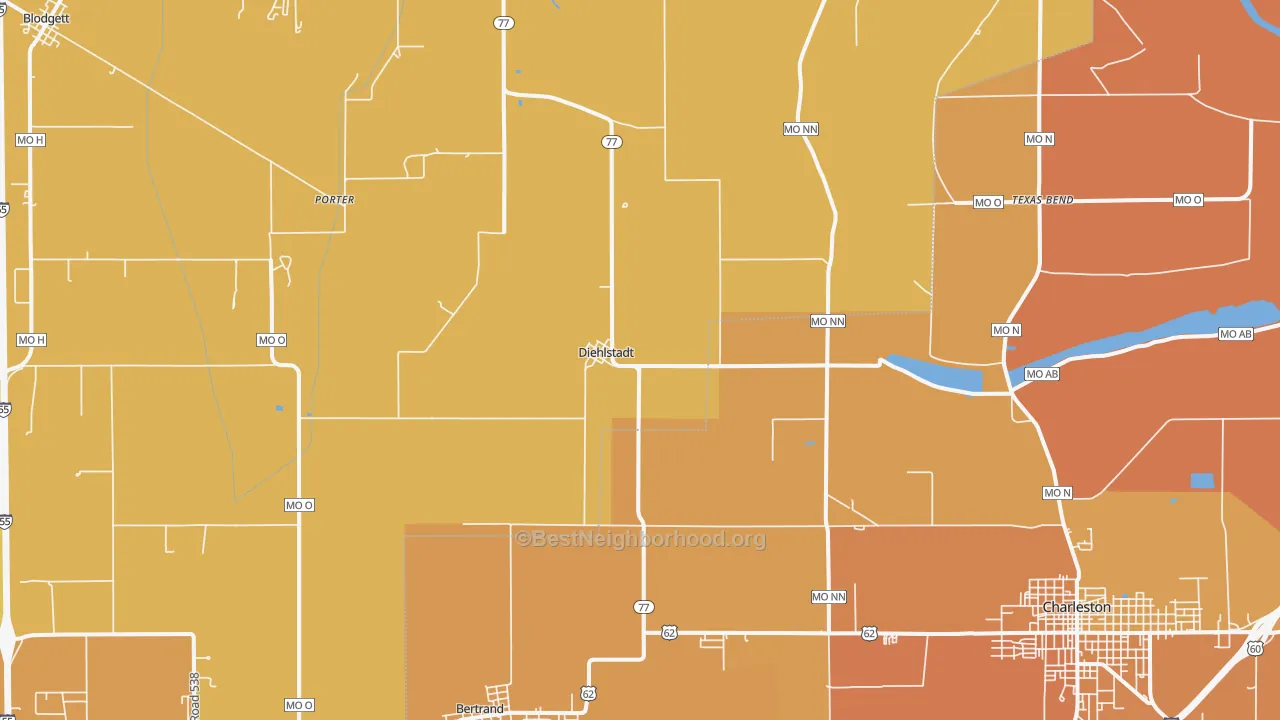 Map of the best neighborhoods in the Diehlstadt area, with better matches in green and worse matches in red