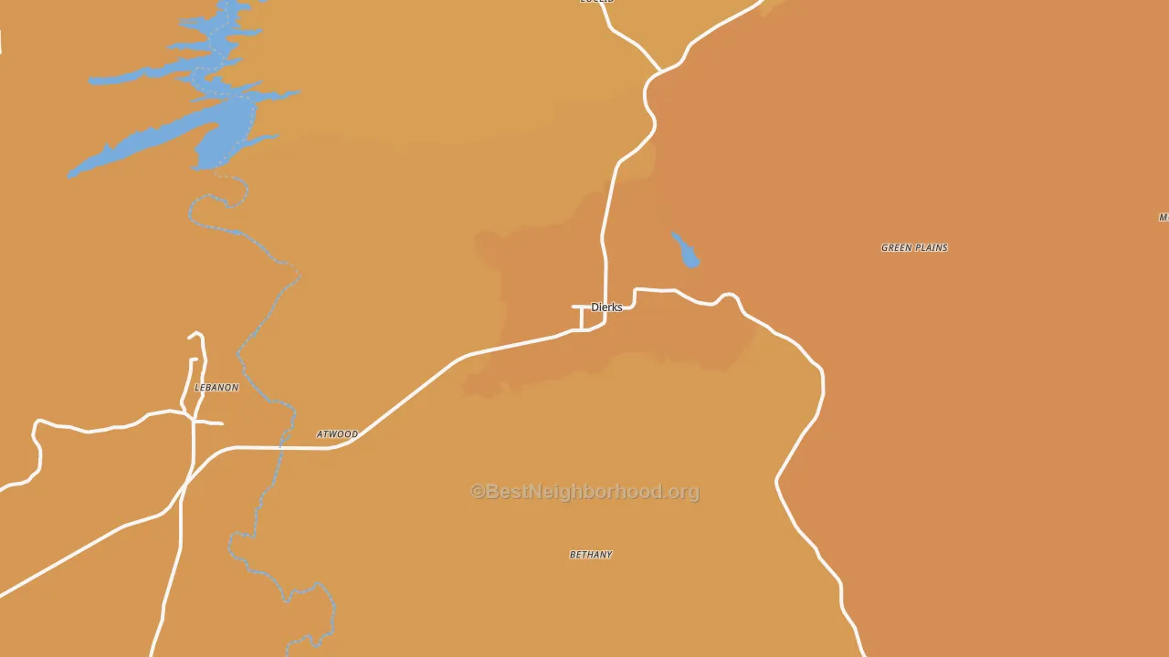 Map of the best neighborhoods in the Dierks area, with better matches in green and worse matches in red