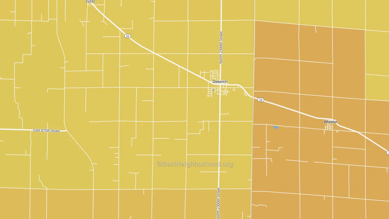 Map of the best neighborhoods in the Dieterich area, with better matches in green and worse matches in red