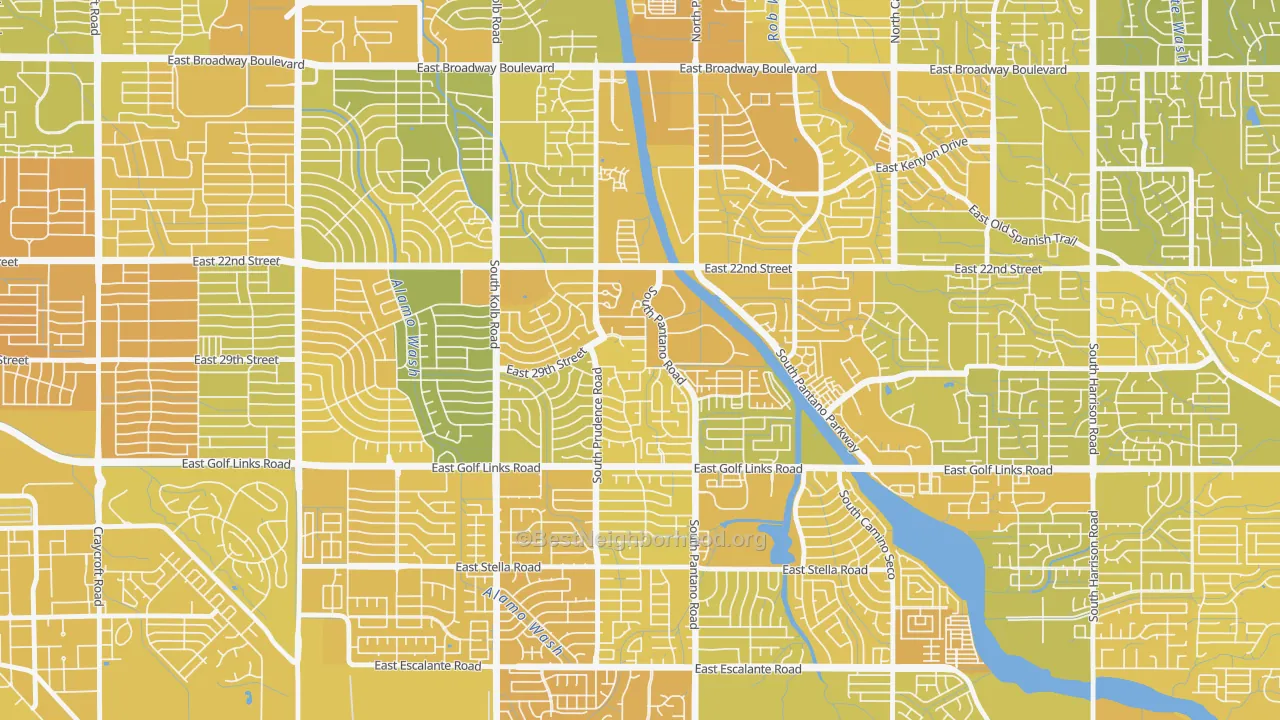 Map of the best neighborhoods in the Dietz, Tucson area, with better matches in green and worse matches in red