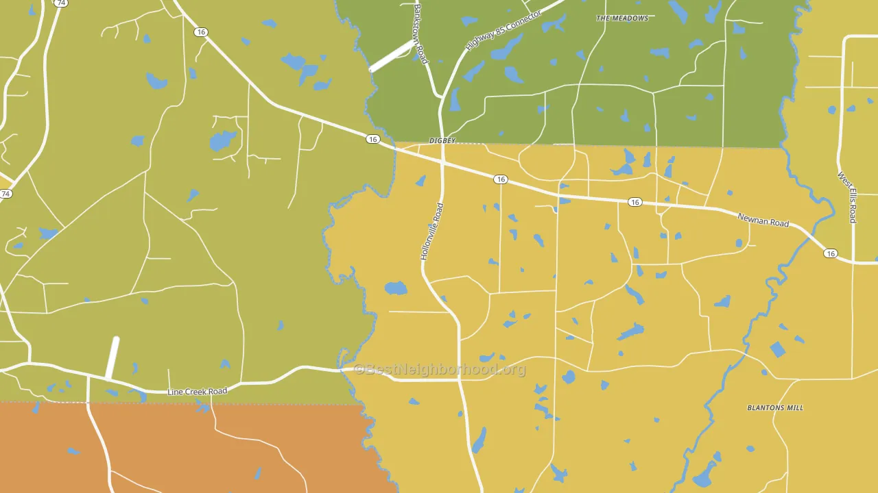 Map of the best neighborhoods in the Digbey area, with better matches in green and worse matches in red