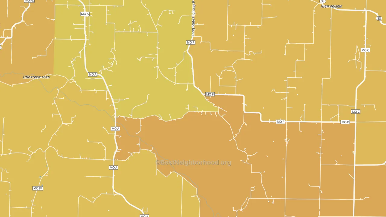 Map of the best neighborhoods in the Diggins area, with better matches in green and worse matches in red