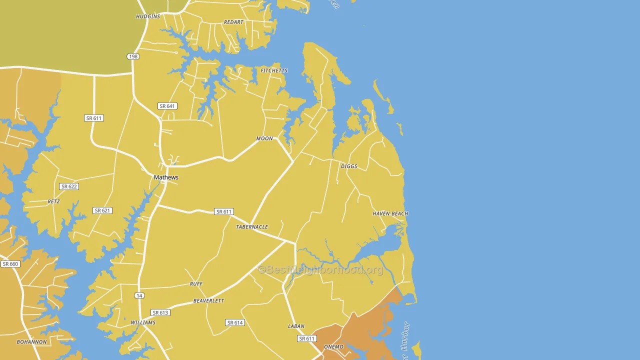 Map of the best neighborhoods in the Diggs area, with better matches in green and worse matches in red