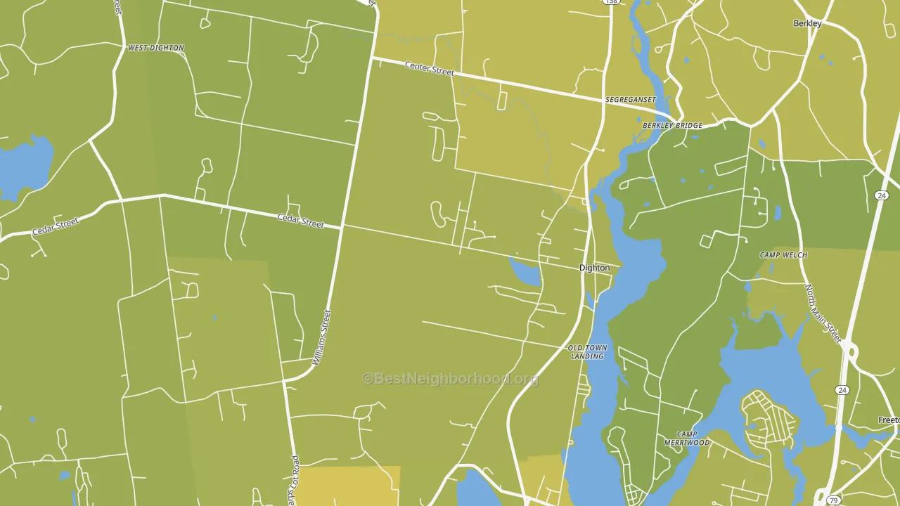 Map of the best neighborhoods in the Dighton area, with better matches in green and worse matches in red