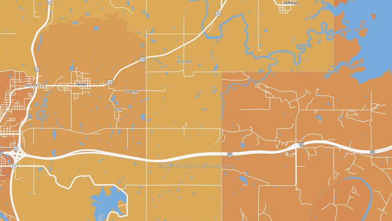 Map of the best neighborhoods in the Dighton area, with better matches in green and worse matches in red