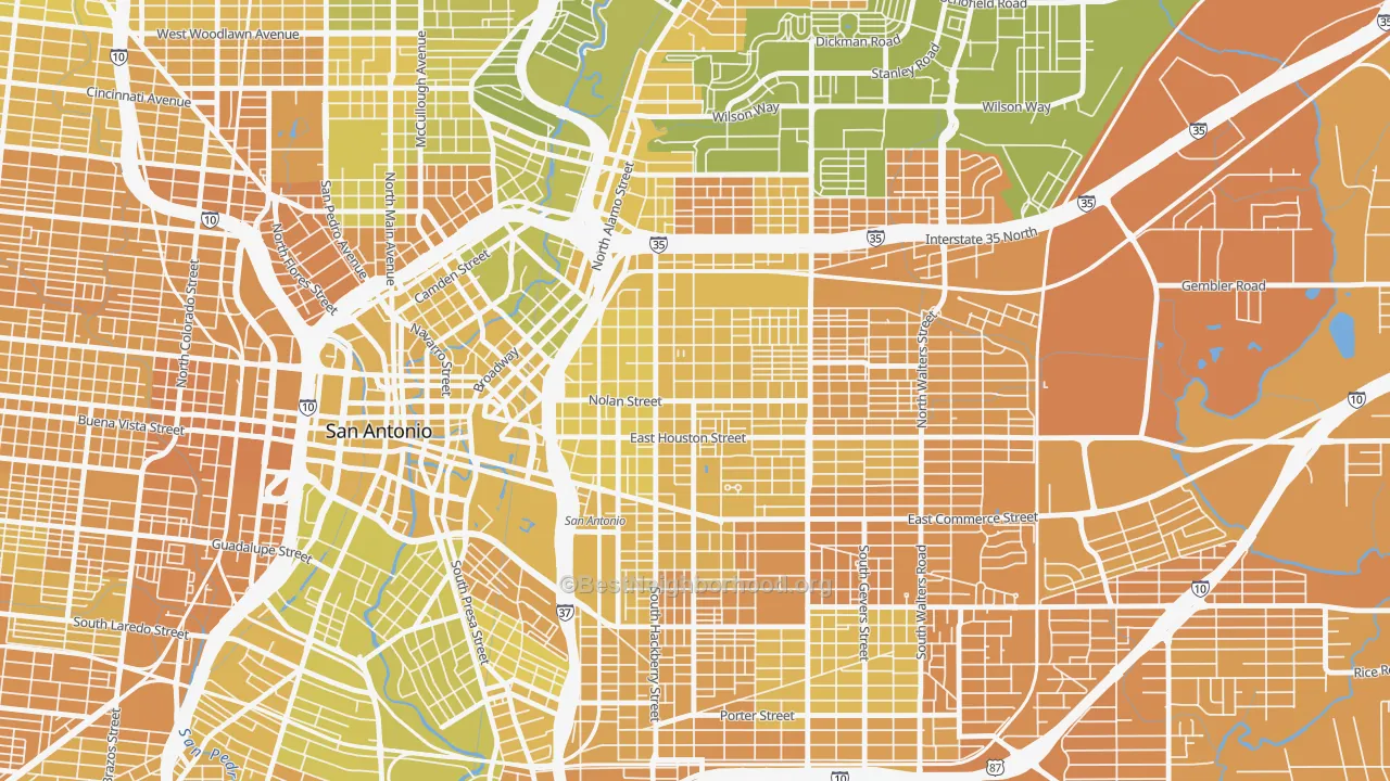 Map of the best neighborhoods in the Dignowity Hill, San Antonio area, with better matches in green and worse matches in red