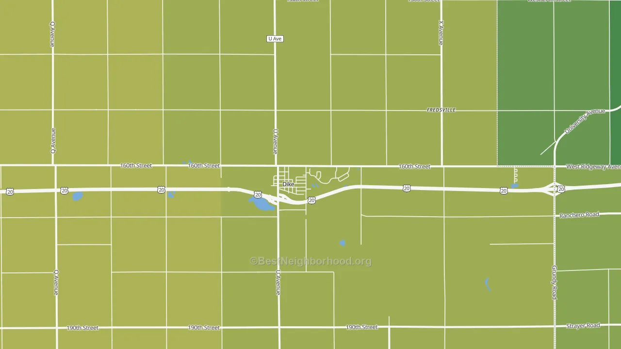 Map of the best neighborhoods in the Dike area, with better matches in green and worse matches in red