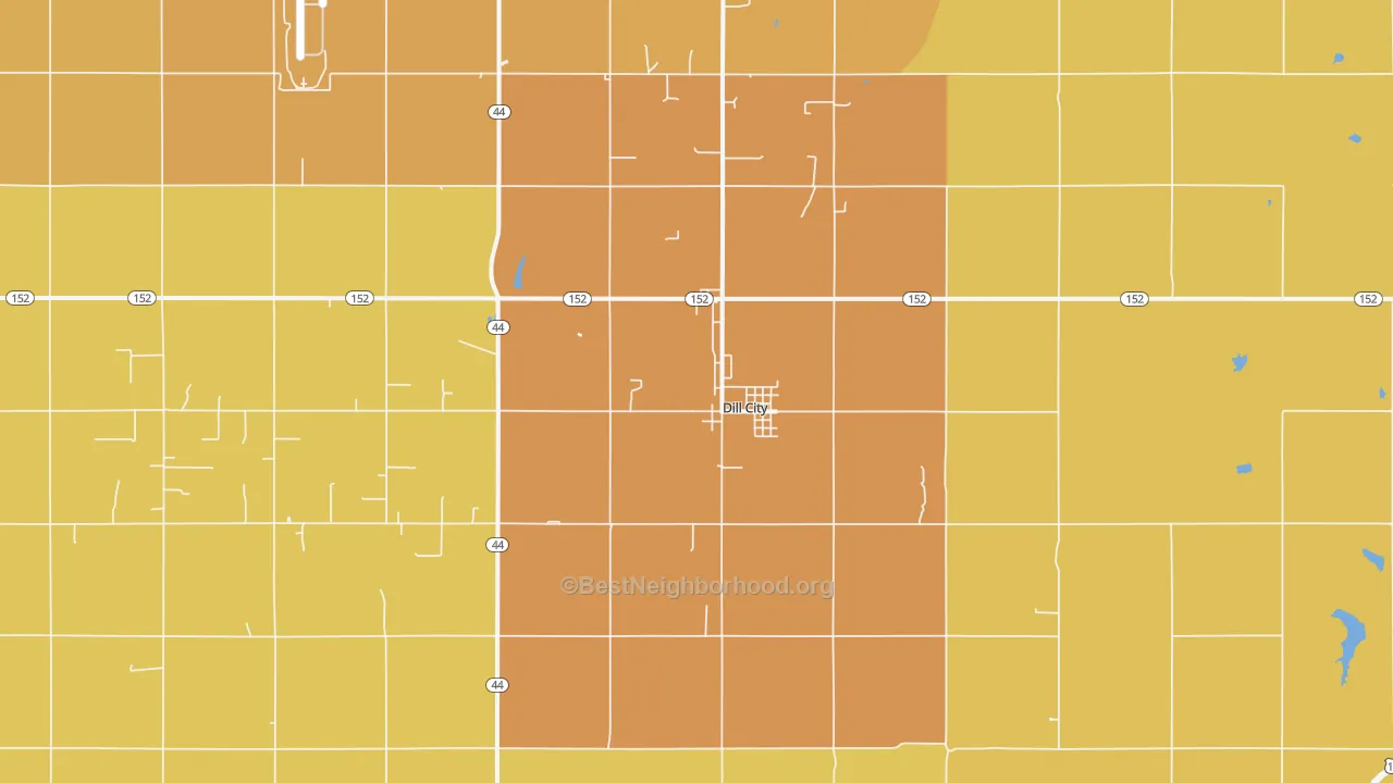 Map of the best neighborhoods in the Dill City area, with better matches in green and worse matches in red