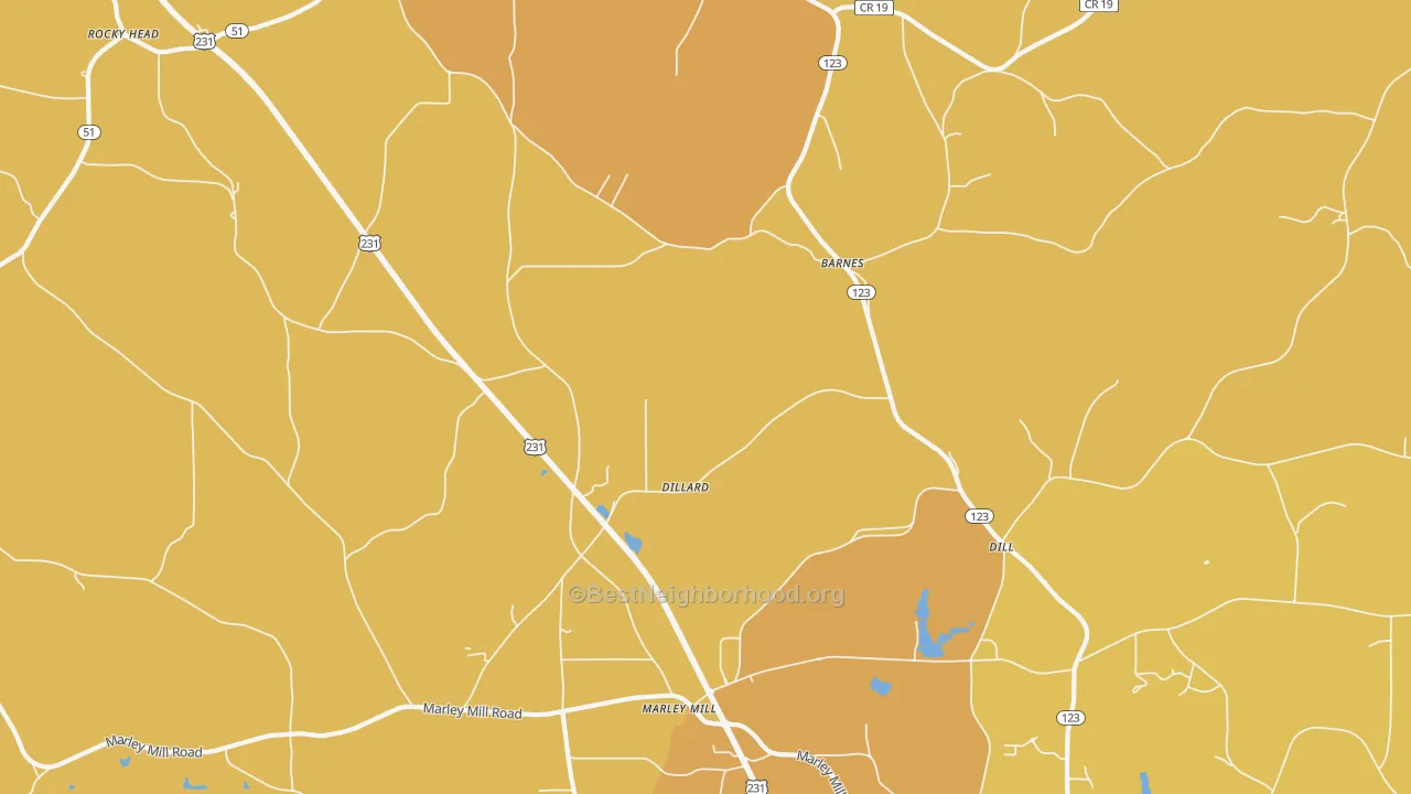 Map of the best neighborhoods in the Dillard area, with better matches in green and worse matches in red