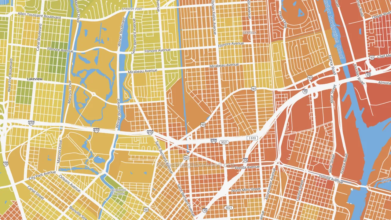 Map of the best neighborhoods in the Dillard, New Orleans area, with better matches in green and worse matches in red