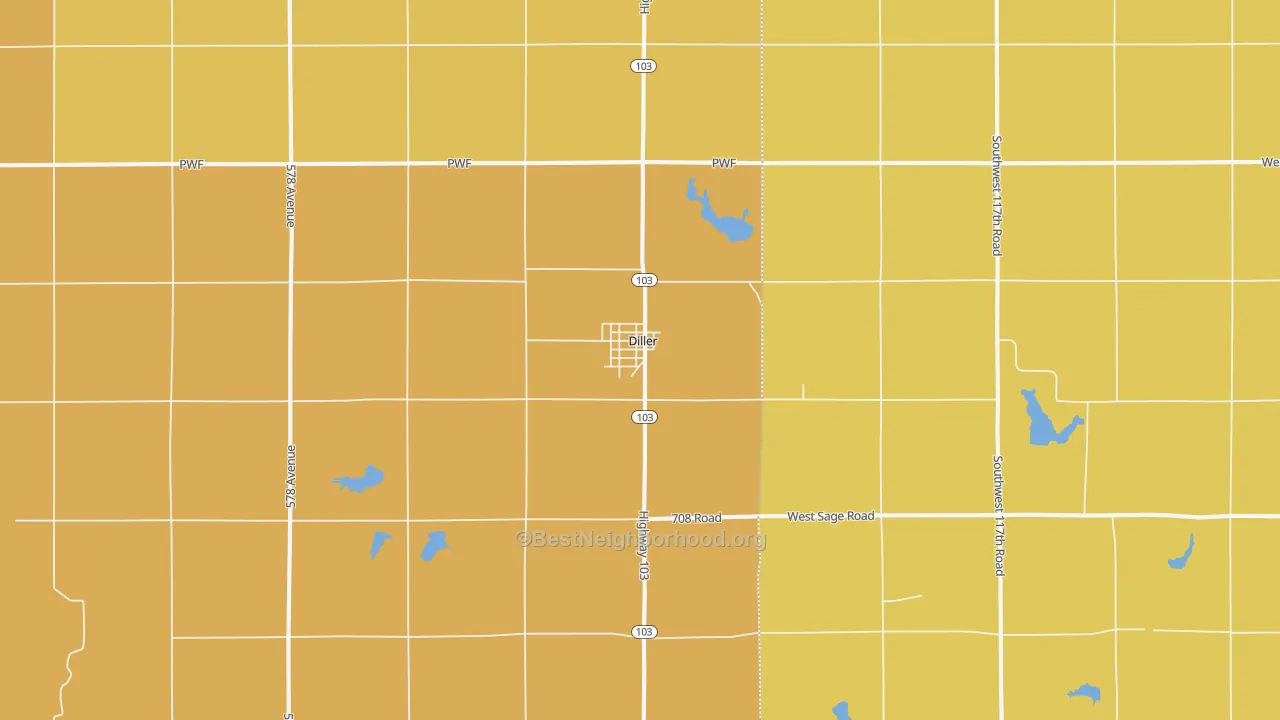 Map of the best neighborhoods in the Diller area, with better matches in green and worse matches in red