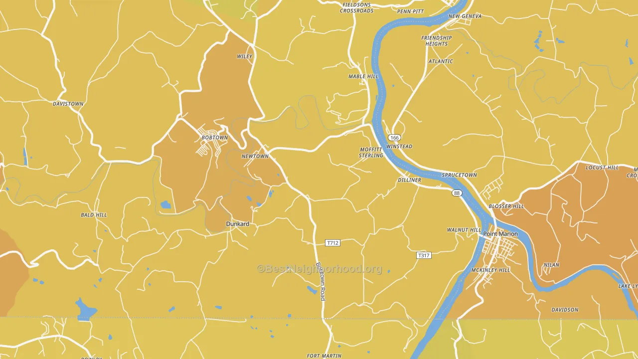 Map of the best neighborhoods in the Dilliner area, with better matches in green and worse matches in red