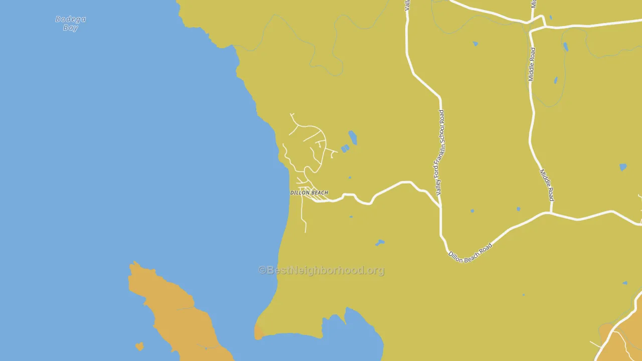 Map of the best neighborhoods in the Dillon Beach area, with better matches in green and worse matches in red