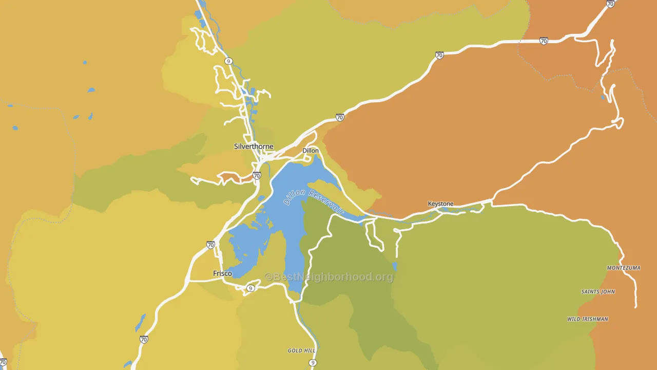 Map of the best neighborhoods in the Dillon area, with better matches in green and worse matches in red