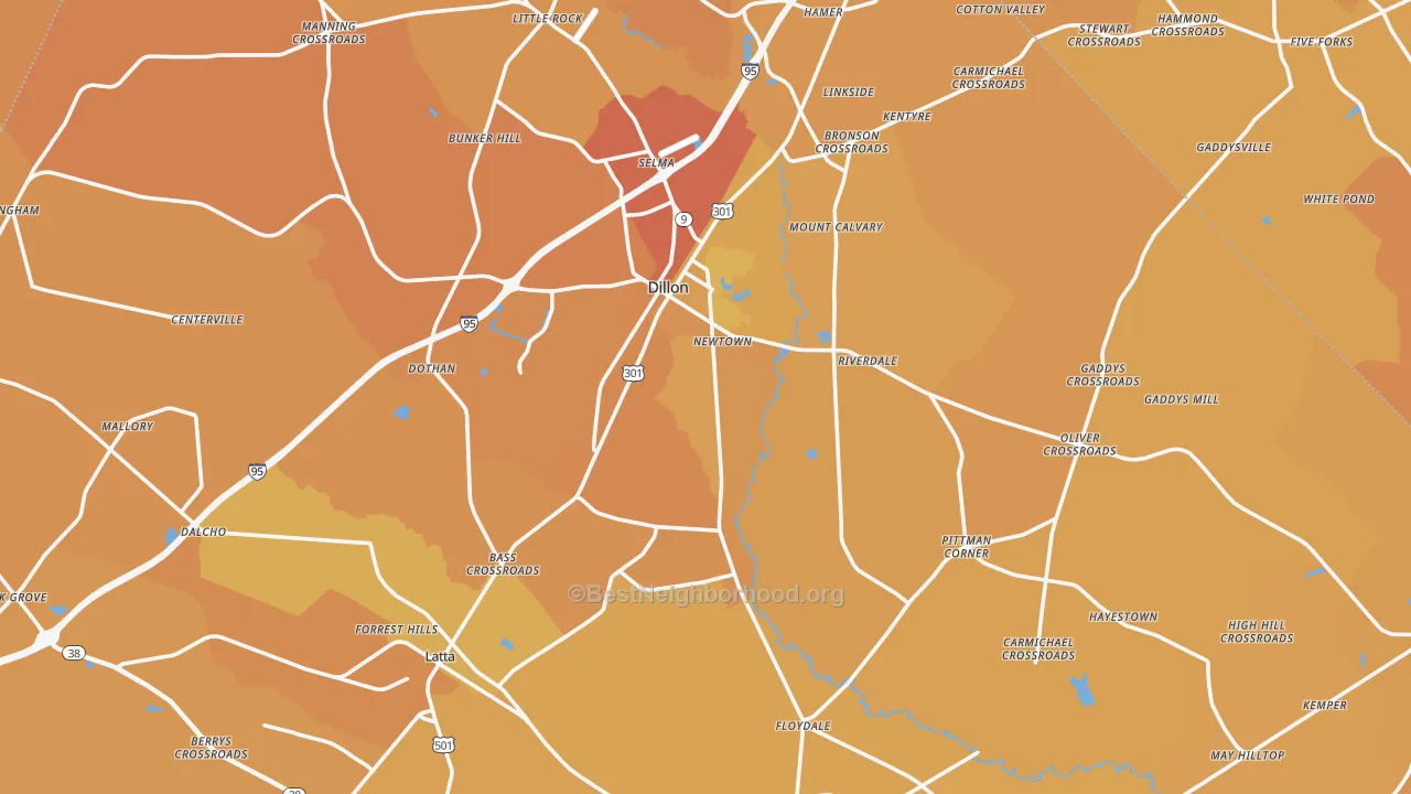 Map of the best neighborhoods in the Dillon County area, with better matches in green and worse matches in red