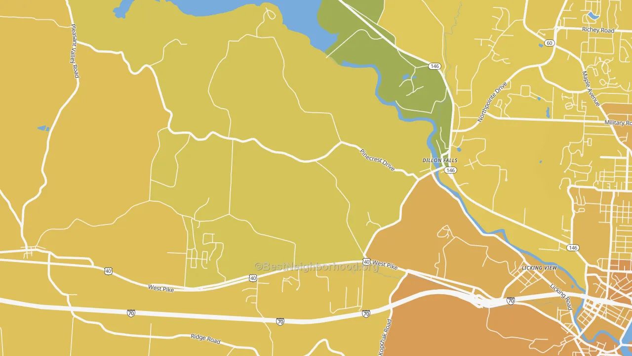 Map of the best neighborhoods in the Dillon Falls area, with better matches in green and worse matches in red