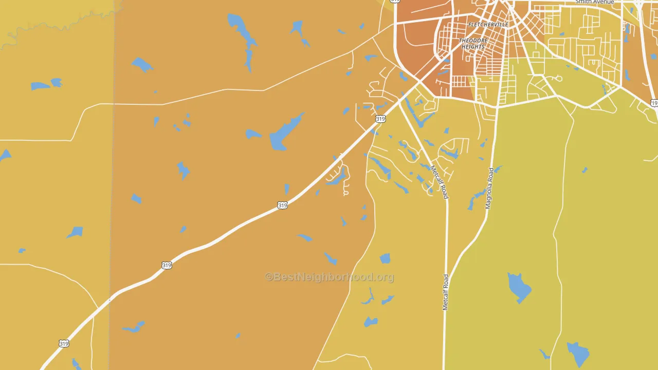 Map of the best neighborhoods in the Dillon area, with better matches in green and worse matches in red