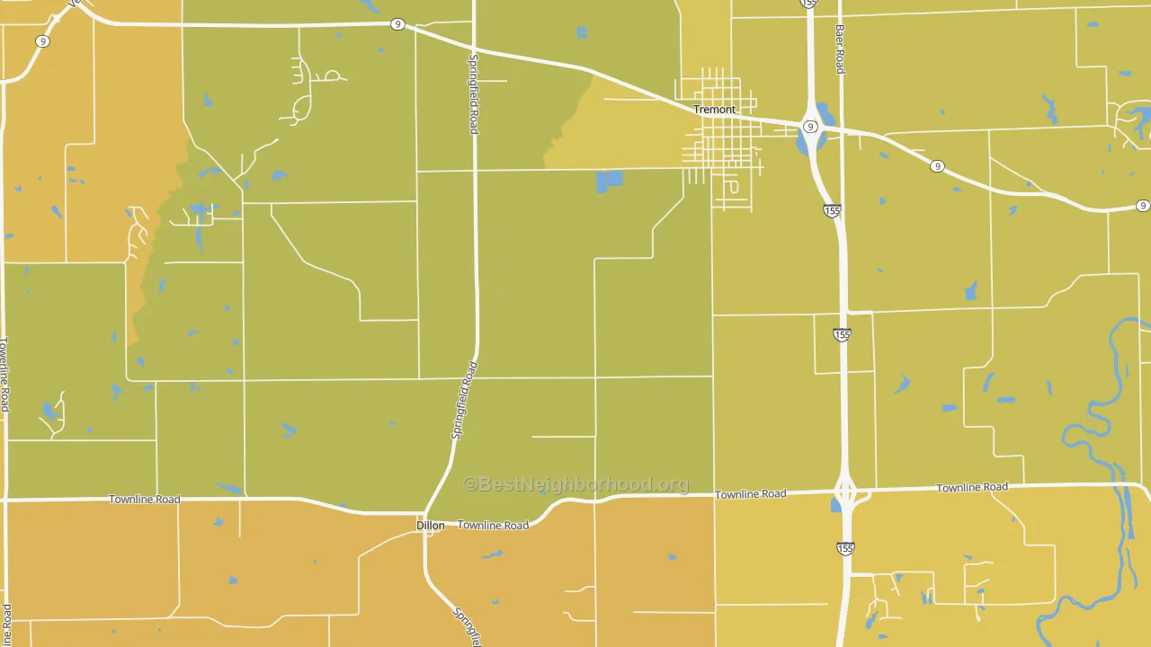 Map of the best neighborhoods in the Dillon area, with better matches in green and worse matches in red