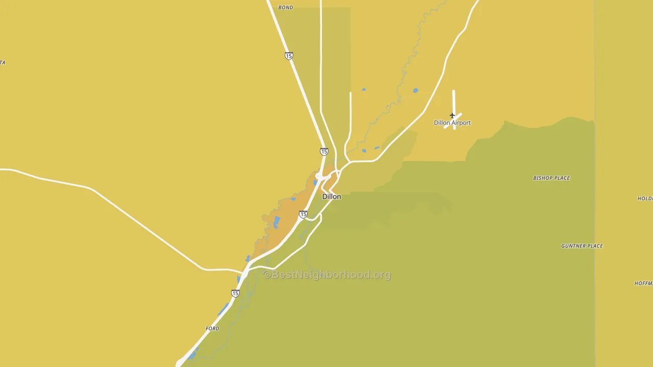 Map of the best neighborhoods in the Dillon area, with better matches in green and worse matches in red