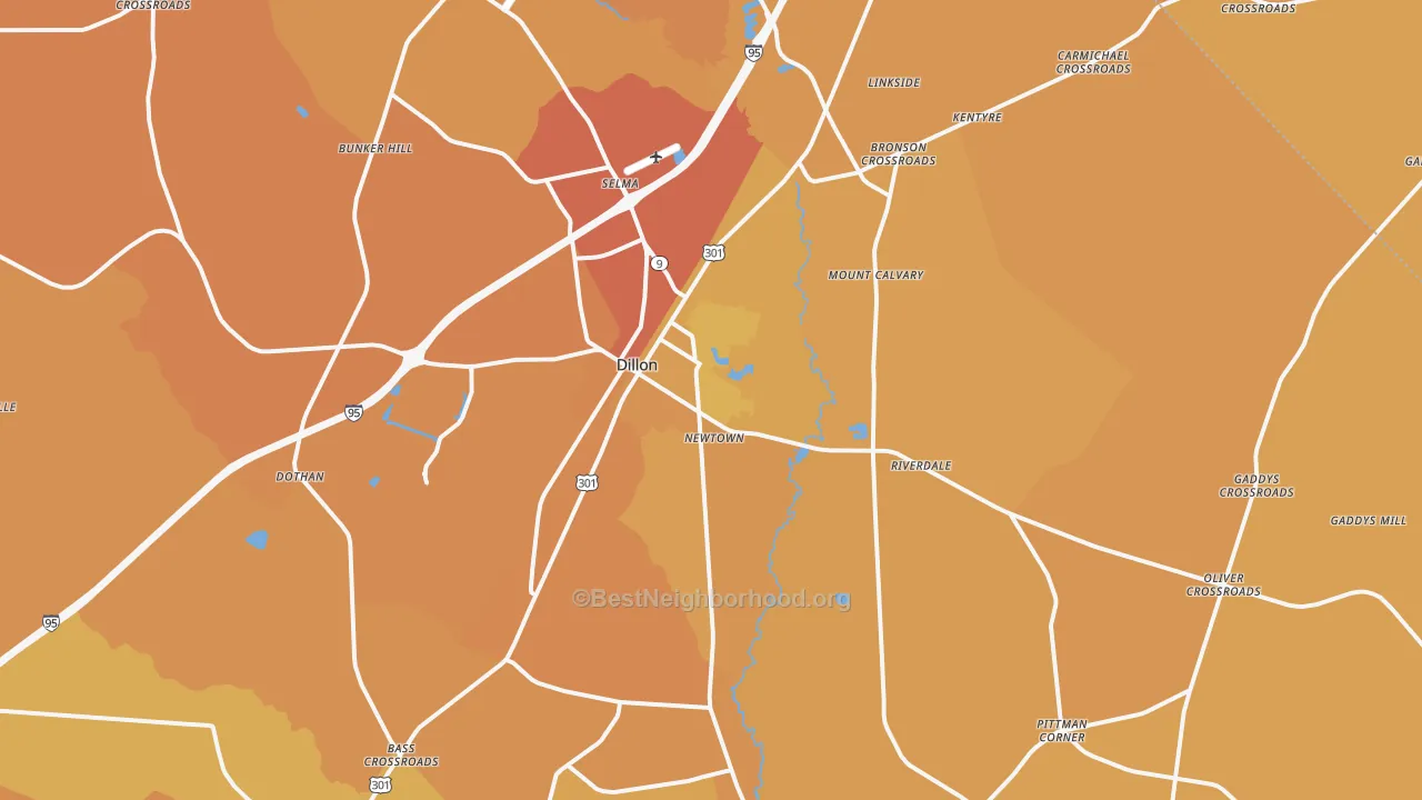 Map of the best neighborhoods in the Dillon area, with better matches in green and worse matches in red