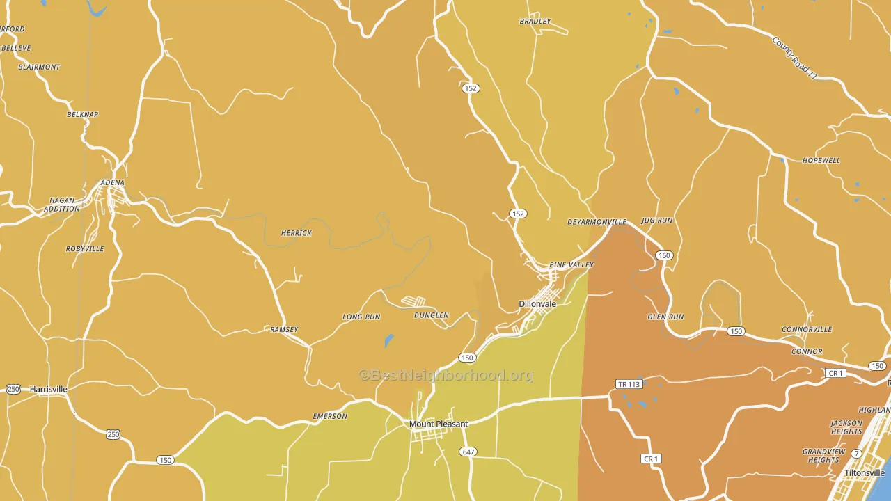 Map of the best neighborhoods in the Dillonvale area, with better matches in green and worse matches in red