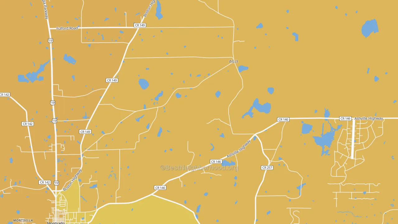 Map of the best neighborhoods in the Dills area, with better matches in green and worse matches in red