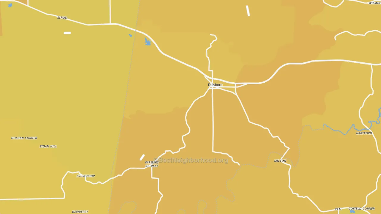 Map of the best neighborhoods in the Dillsboro area, with better matches in green and worse matches in red