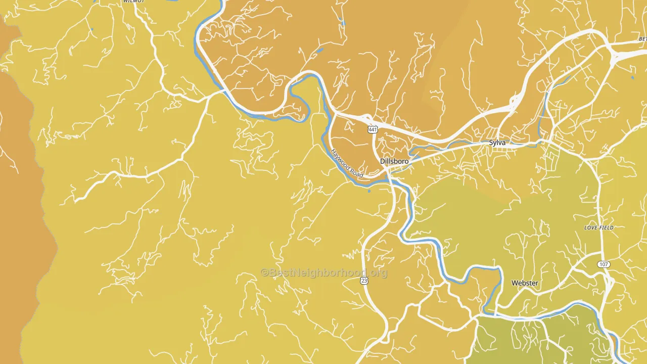 Map of the best neighborhoods in the Dillsboro area, with better matches in green and worse matches in red