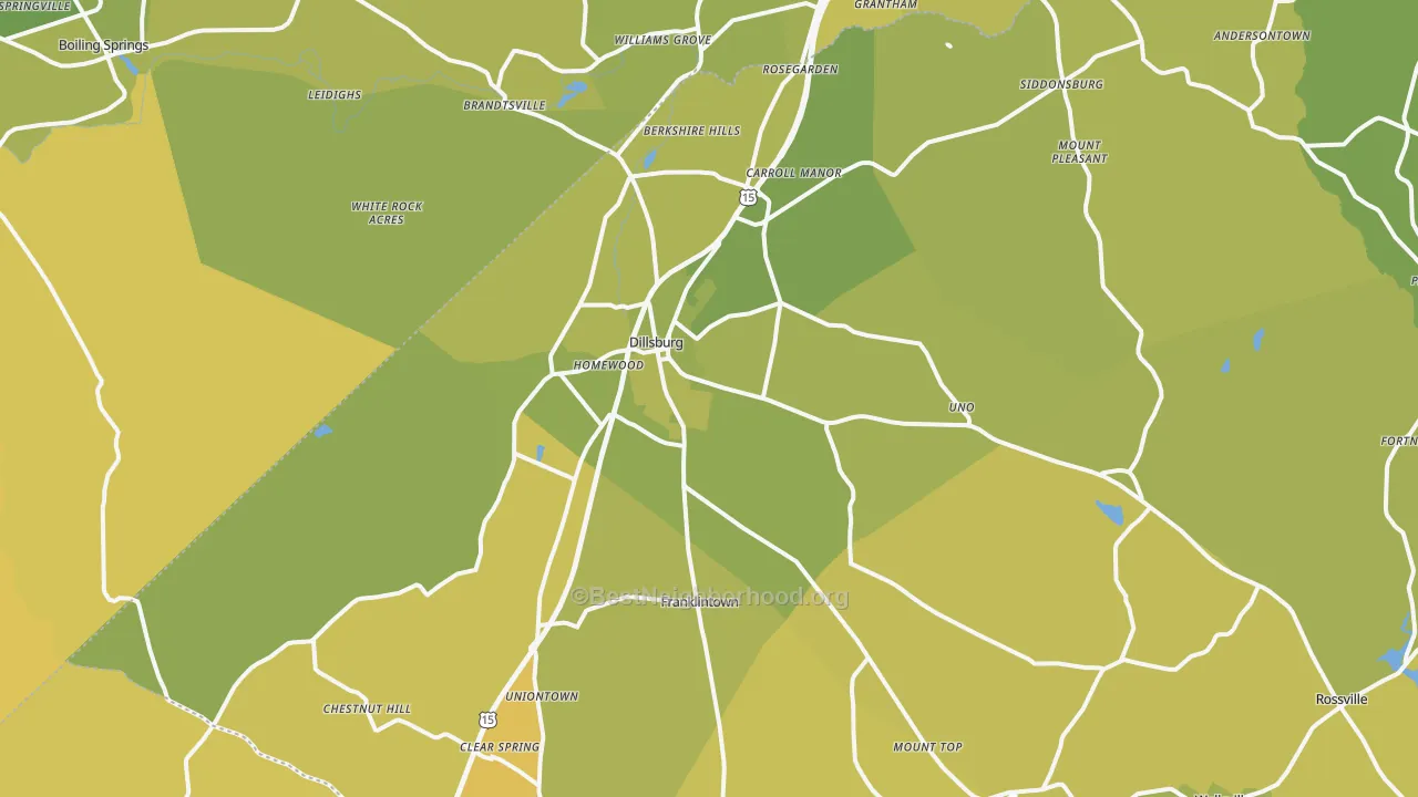 Map of the best neighborhoods in the Dillsburg area, with better matches in green and worse matches in red