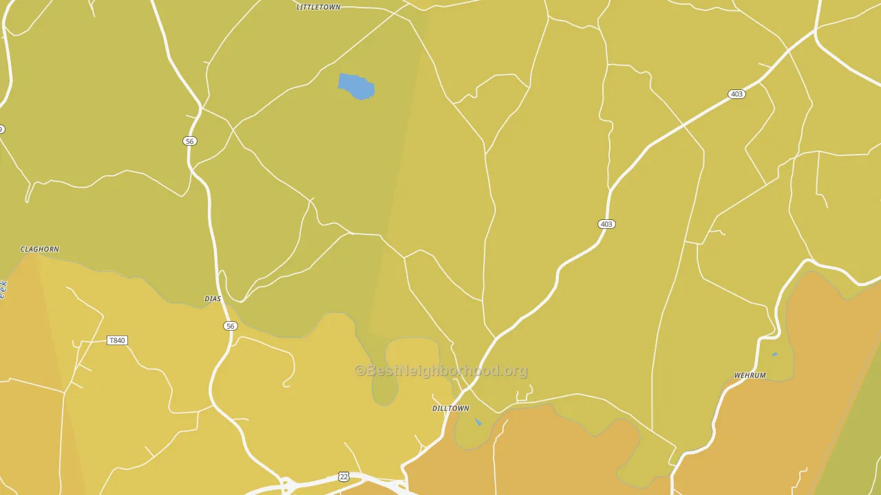 Map of the best neighborhoods in the Dilltown area, with better matches in green and worse matches in red