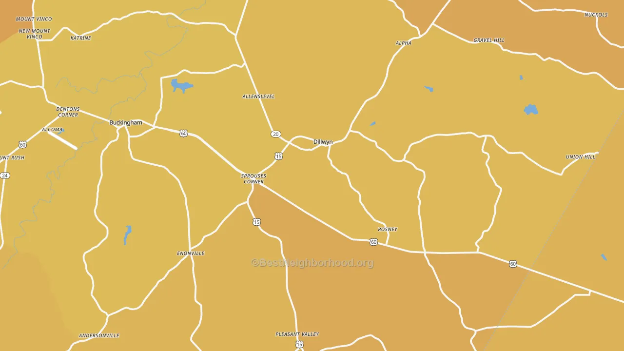 Map of the best neighborhoods in the Dillwyn area, with better matches in green and worse matches in red