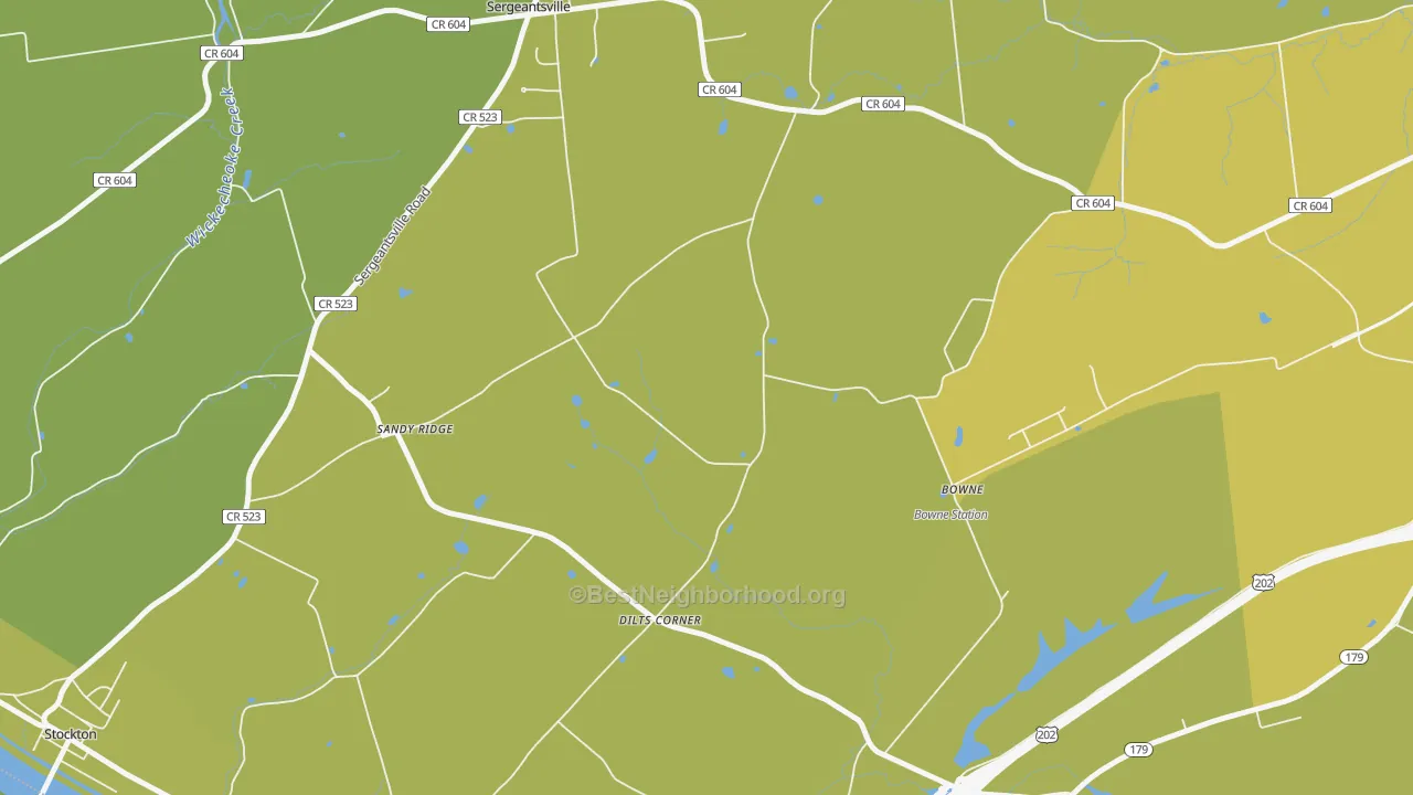 Map of the best neighborhoods in the Dilts Corner area, with better matches in green and worse matches in red