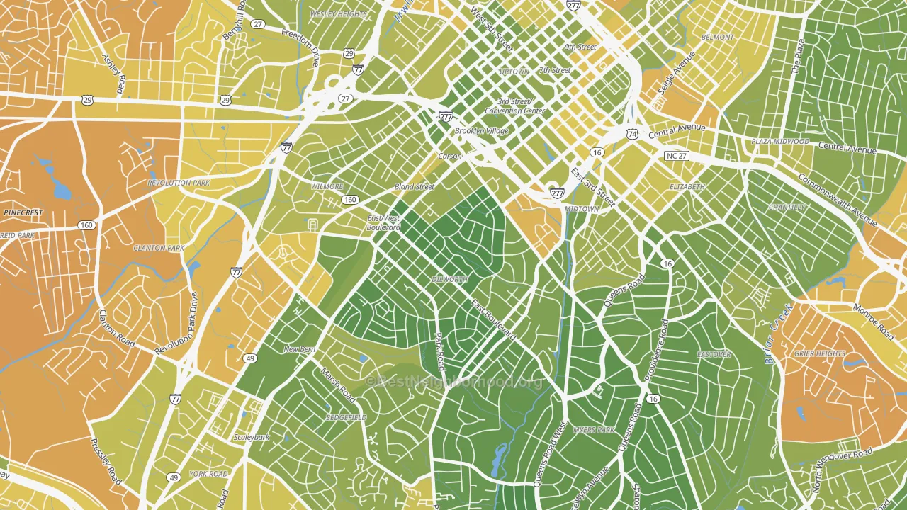 Map of the best neighborhoods in the Dilworth, Charlotte area, with better matches in green and worse matches in red