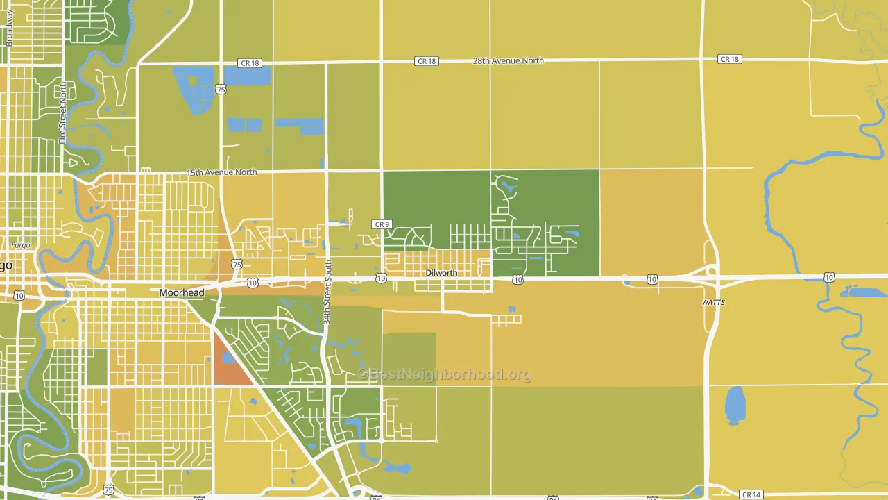 Map of the best neighborhoods in the Dilworth area, with better matches in green and worse matches in red