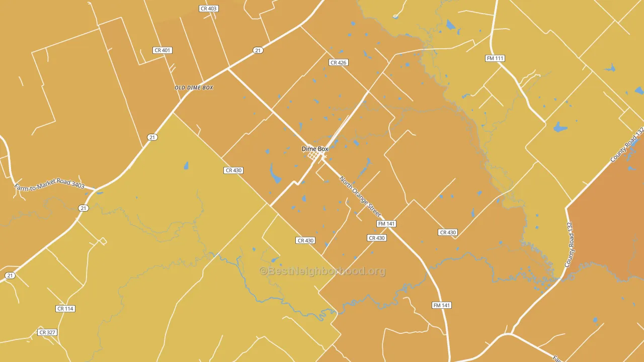 Map of the best neighborhoods in the Dime Box area, with better matches in green and worse matches in red
