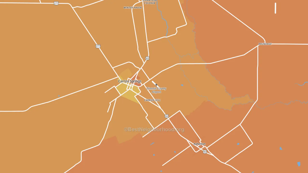 Map of the best neighborhoods in the Dimmit County area, with better matches in green and worse matches in red