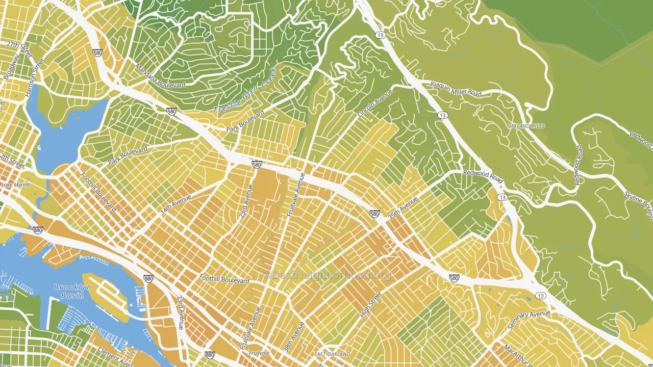 Map of the best neighborhoods in the Dimond, Oakland area, with better matches in green and worse matches in red