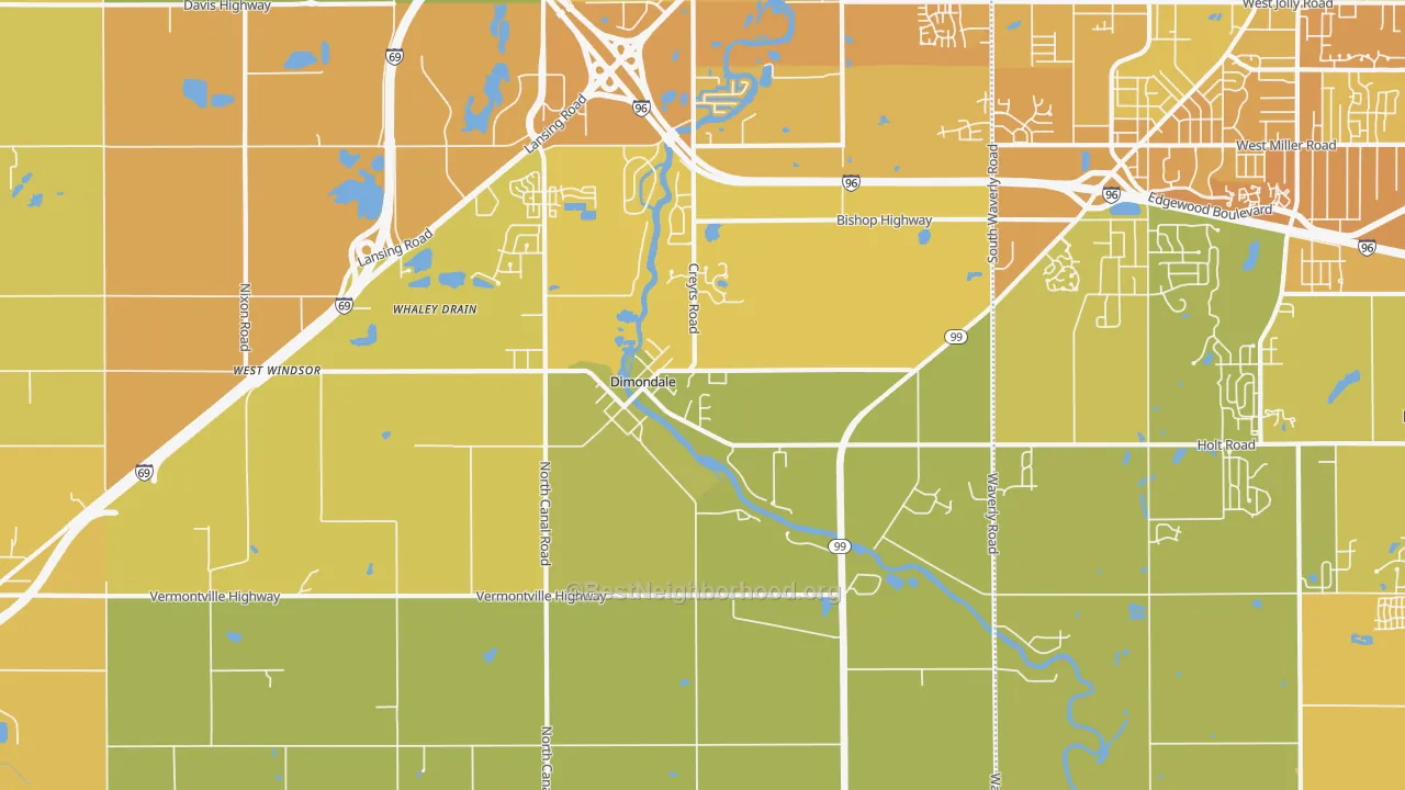 Map of the best neighborhoods in the Dimondale area, with better matches in green and worse matches in red